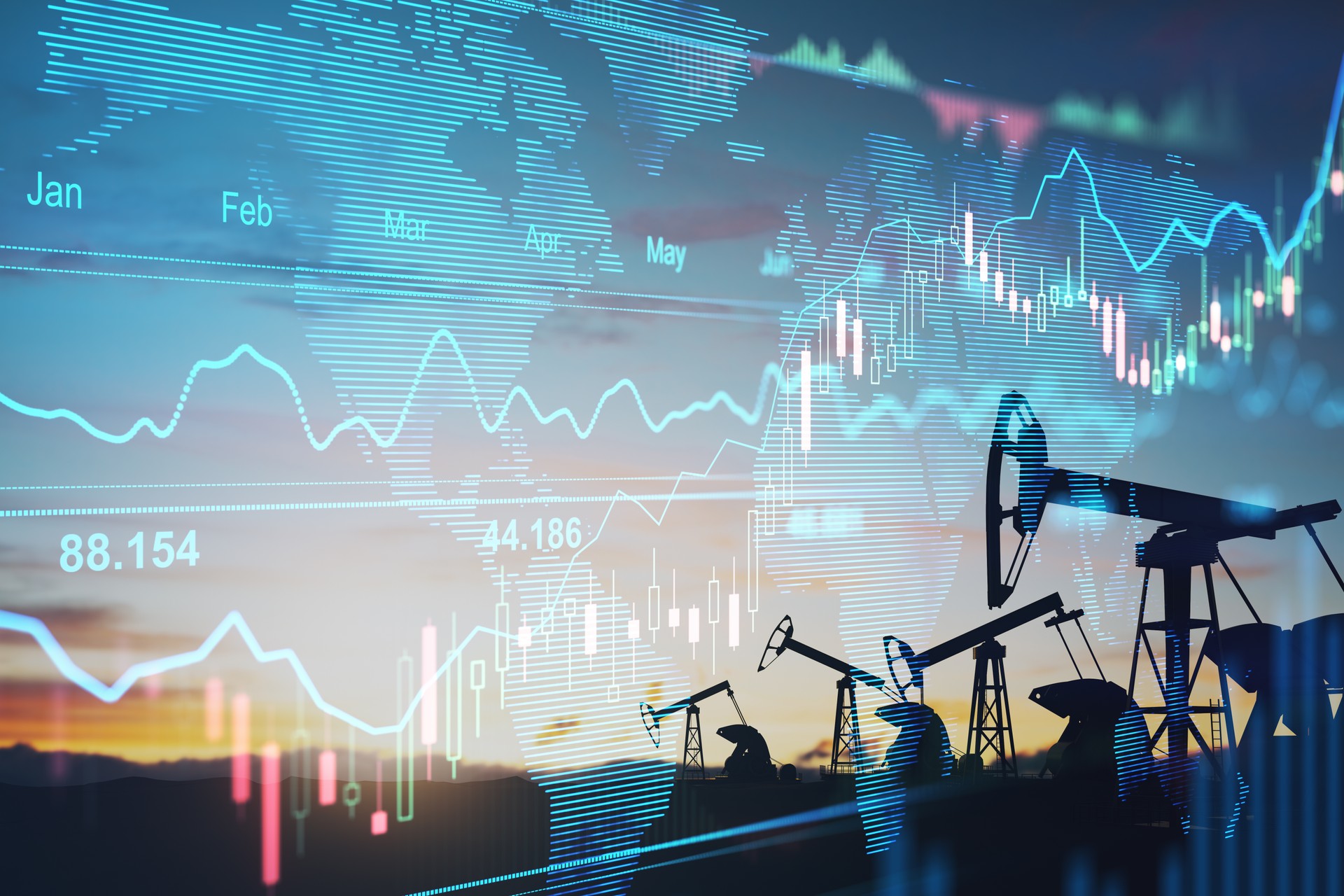 Rise in gasoline prices concept with double exposure of digital screen with financial chart graphs and oil pumps on a field.